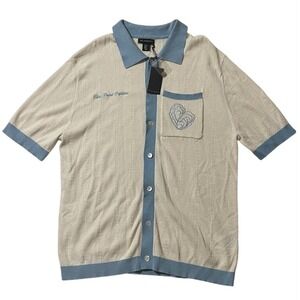 Art of Rhetoric Knit Cardigan Shirt Blue Point Oysters Button Up Short Sleeve XL